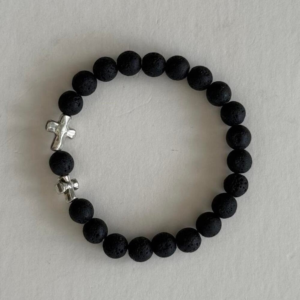 Y2K Volcanic Rock Cross Bracelet Black Beads 8-9 Inch Unisex Streetwear